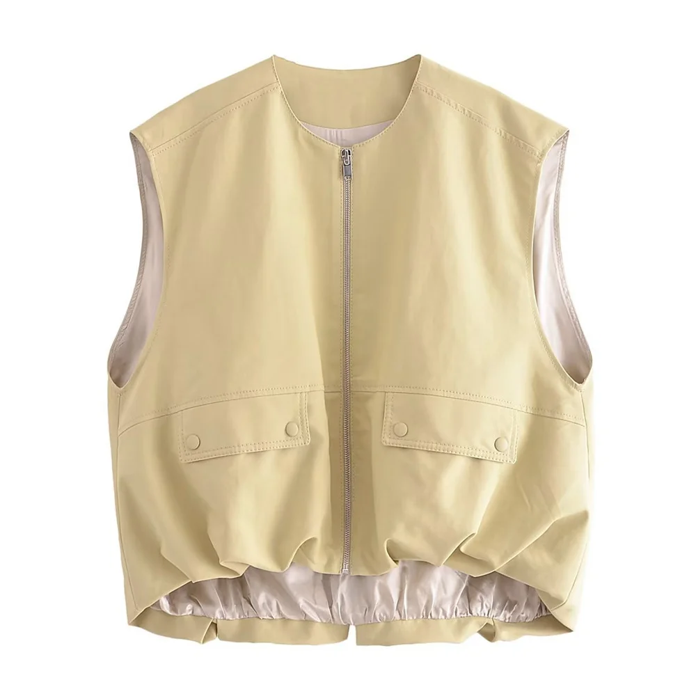 

Vintage Ruched Hem Cropped Waistcoat for Women Autumn O-Neck Zipper Sleeveless Vest with Pockets Female Loose Coats