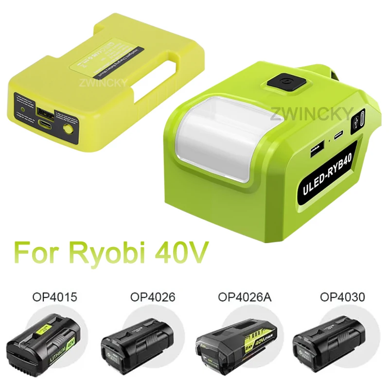 LED Work Light Battery Adapter for Ryobi 40V Battery With USB and Type-C Charging Interface Emergency Flashlight for Ryobi 40V