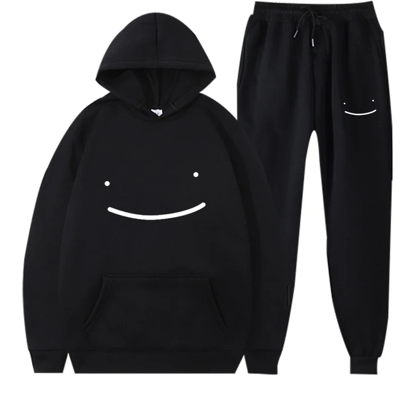 Smile Face Men's Training Sets Gym Sportswear Hoodie Casual Sports Hooded Black Tracksuits Men 2-piece Sweatshirt Sweatpants