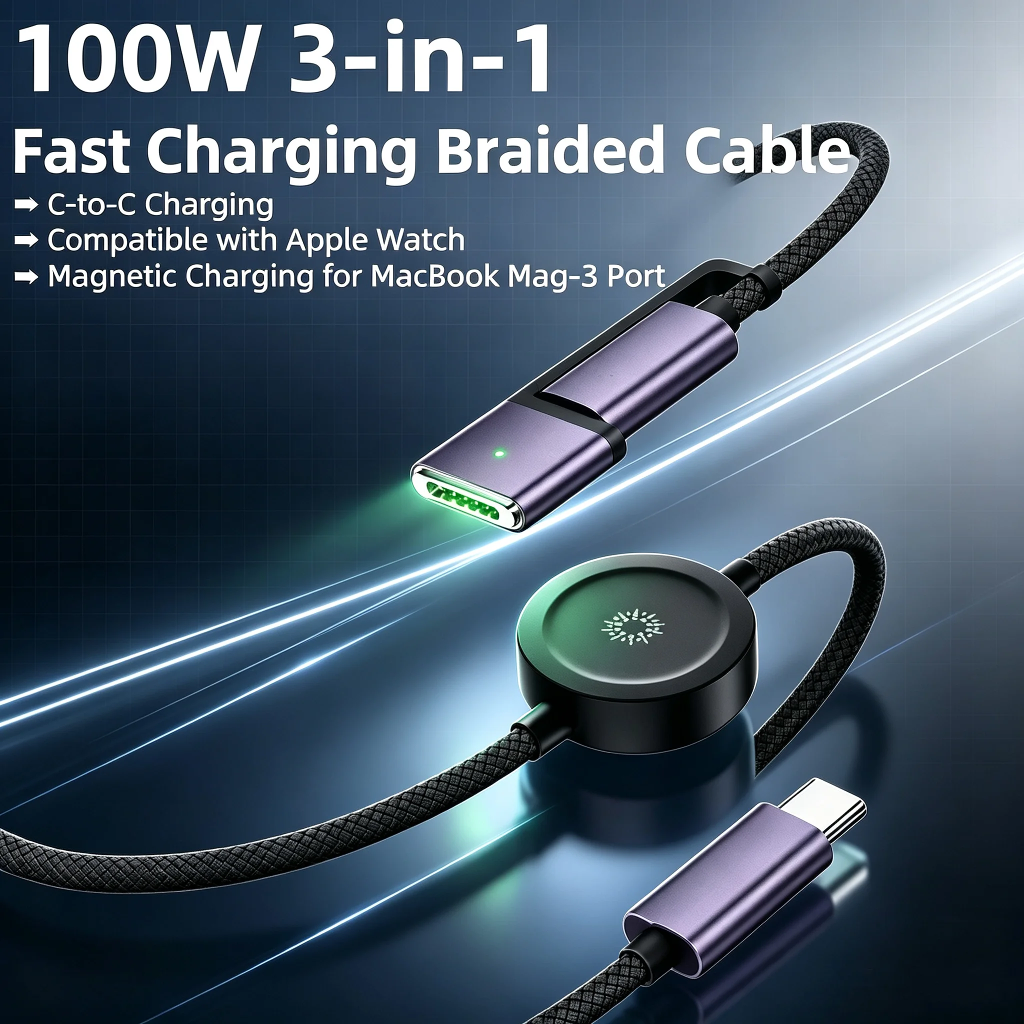 USB‑C 3‑In‑1 Charging Data Cable PD 100W 480Mbps 150cm Power Cord Compatible With MacBook, I‑Watch, iPhone Devices