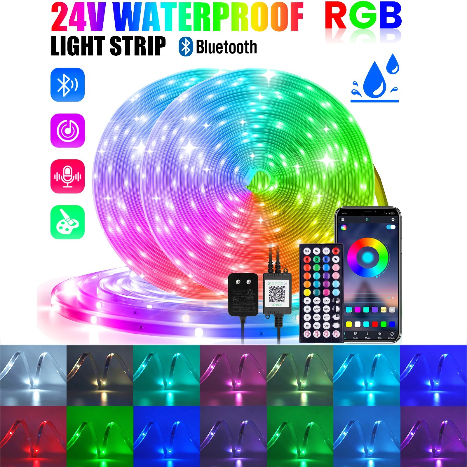 24V RGB LED Strip Light Bluetooth Control IP67 Waterproof Outdoor Flexible LED Tape Adhesive TV Desktop 5M 10M 15M 20M 30M