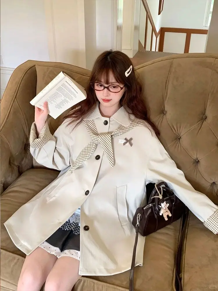 

Korea Style Versatile Spliced ​​Plaid Trench Coat Women Spring Autumn New Niche Design Long-Sleeved Jacket Top