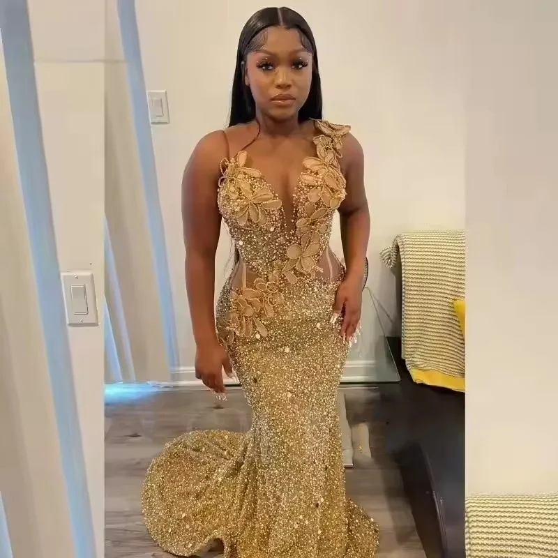 

Gorgeous Gold Sequins Prom Dresses Crystal 3D Flower Lacing Up Back Girl Long Evening Gowns Birthday Party Robe Customized
