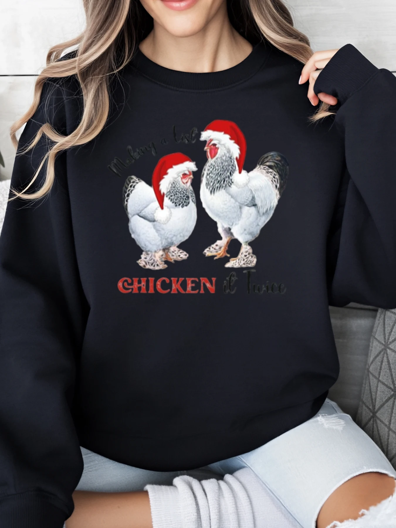 سويت شيرت مطبوع عليه دجاج سانتا لعيد الميلاد للنساء ملابس غير رسمية للعطلات مقاس كبير