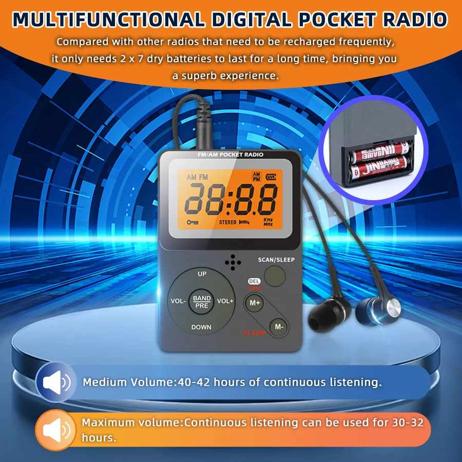 Digital Radio, FM/AM, 2 Band Stereo Music Receiver, Portable Pocket Radio with Headphones, LCD Screen, 2xAAA Dry Battery Powered