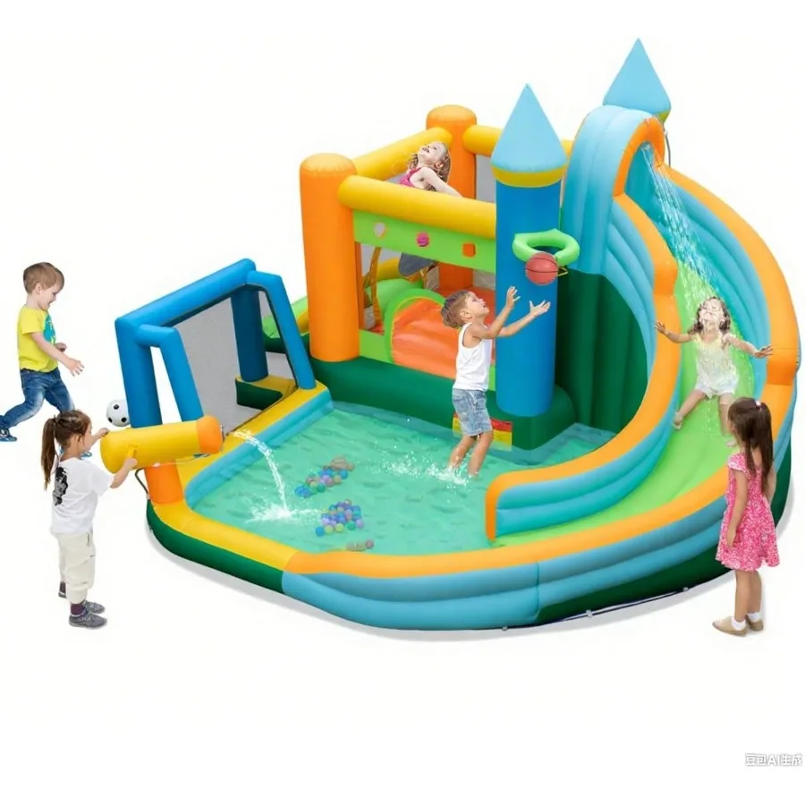 

BOUNTECH Inflatable Water Slide 9 in 1 Water Park with Dual Slides Soccer Gate Climbing Wall Indoor Outdoor Water Bouncy Castle