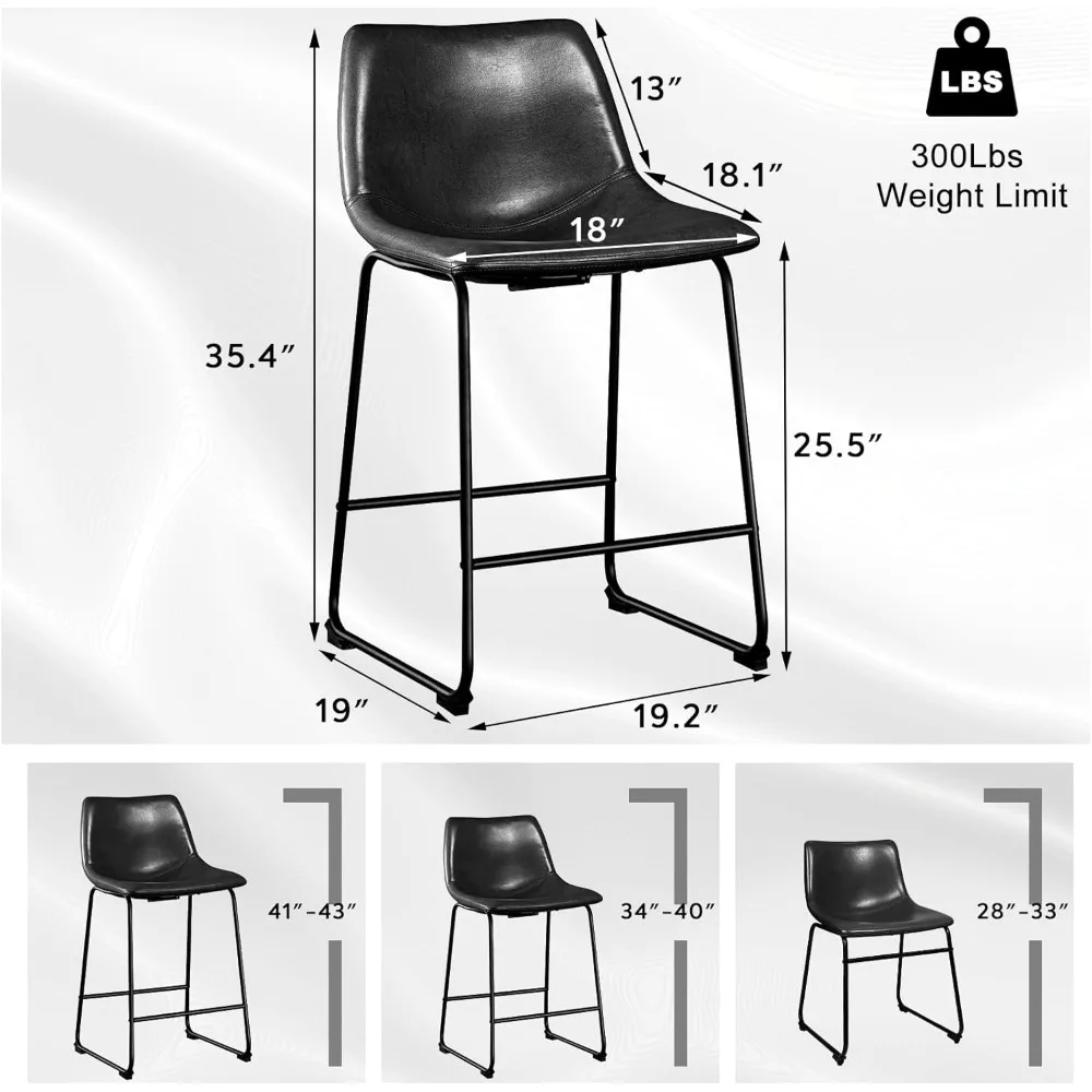 Juego de 2 taburetes de bar de 26 pulgadas, taburetes de bar modernos con altura de mostrador, taburete de bar de piel sintética con respaldo y pata de metal