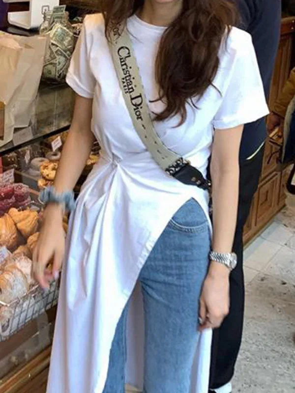 

Sexy Asymmetrical Dr Women's Side Slit Tie Waist Slimming Midi Length T-irt Top Trendy Commute Sle ort Sve