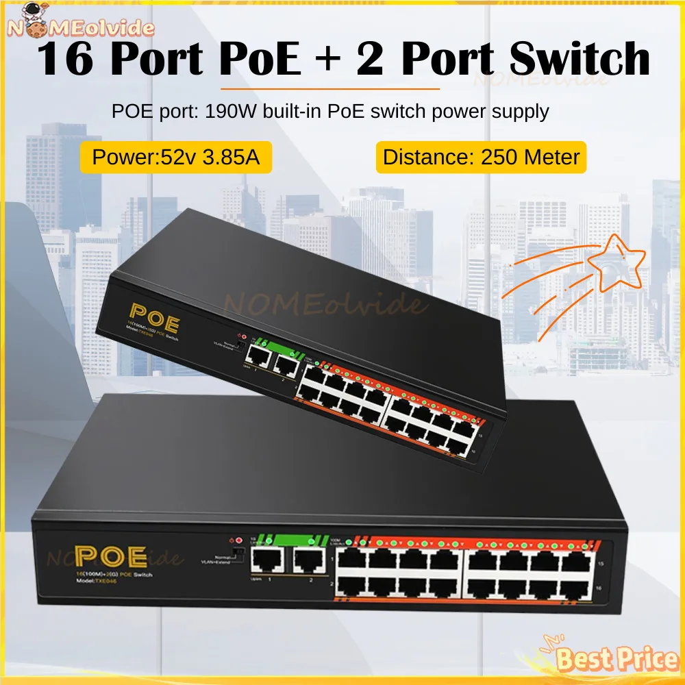 

POE Switch 100Mbps Port PoE +2 Port 1000M Ethernet Gigabit Network PoE + 2 Port UpLink 52V Power for IP Camera/ Wifi Router