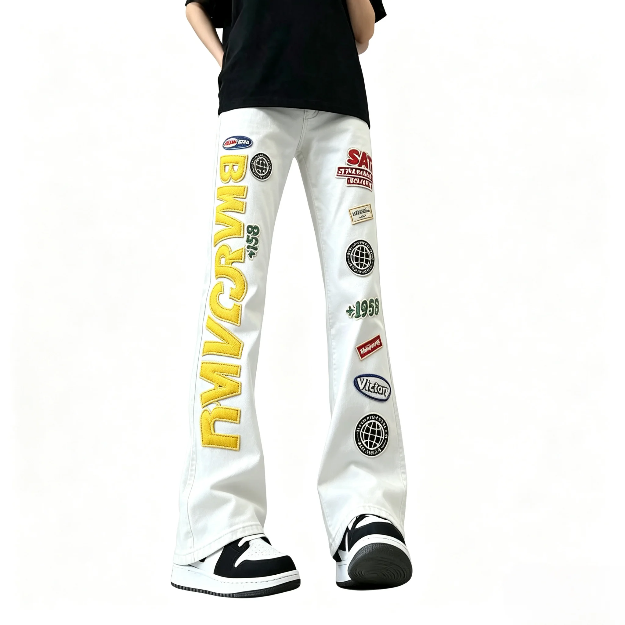 Calças Jeans Estilo High Street com Estampa de Letras, Finas, para Homens e Mulheres, Corte Bootcut, Mistura de Algodão e Pol...