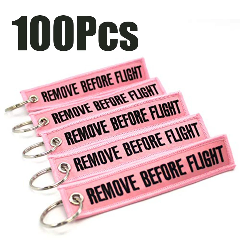 100Pcs Pink Remove Before Flight Embroidered Woven Keychain Luggage Tag Travel Bag Charm