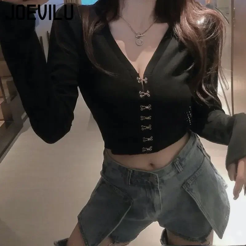 JOEVILU Chic Crop Tops Sexy V-neck Knitted Cardigan Spring and Autumn Long Sleeve T-shirt Women's Korean Y2k Top Gothic Clothes