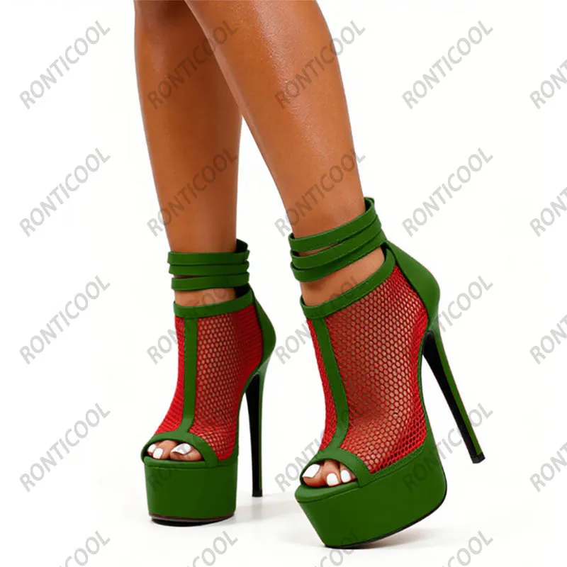 Ronticool Handmade Women's Black Mesh Platform Sandals - Strappy High Heel Shoes with Fishnet Design Ladies US Plus Size 5-20
