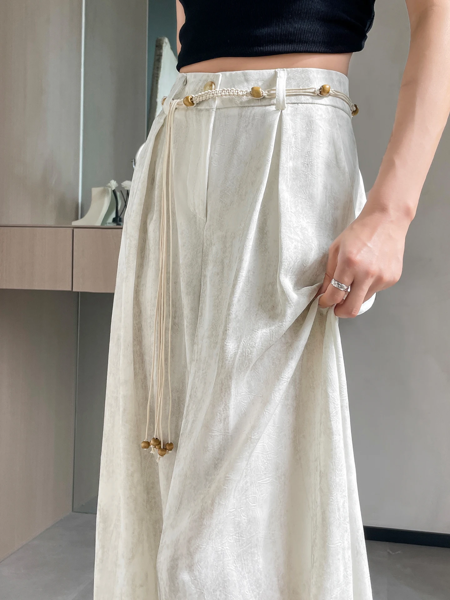 

Ice Silk 3D Wide Leg Pants Women Summer Lightweight Drapey Silk Surface Dyed Print Straight Cut Suit Trousers Comfortable Casual