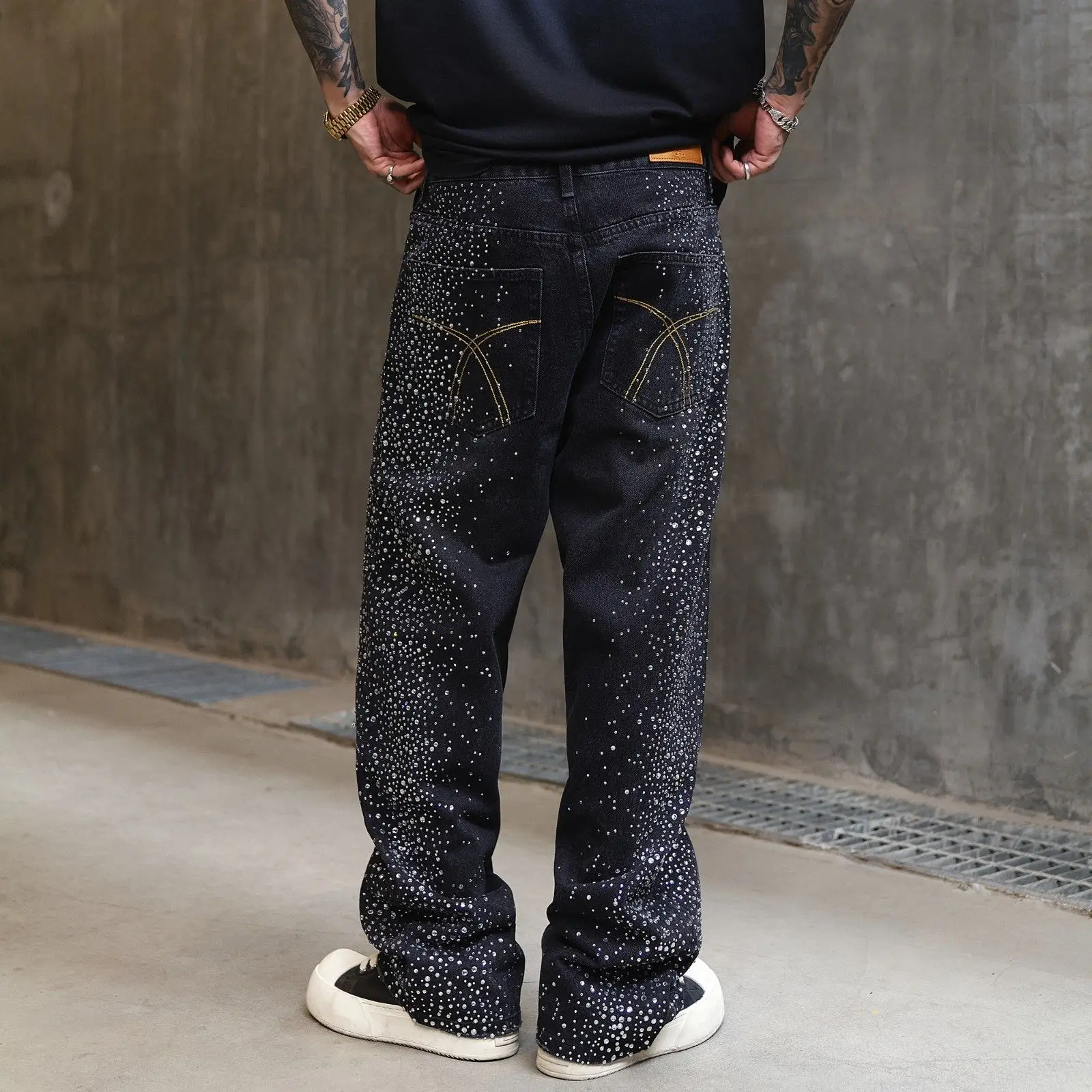 الرجال كريستال الدينيم الجينز فضفاض حجر الراين السراويل السوداء فاسق الهيب هوب الشارع الشهير بنطلون مستقيم