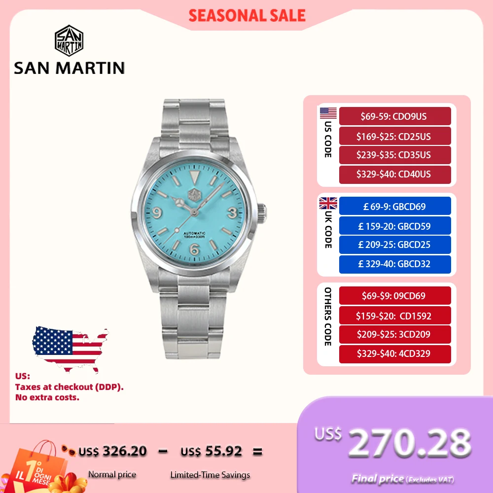 

San Martin Watch Automactic Mechanical Waterproof Watches For Men Luxury 36mm Explore Sport Luminous Sapphire Saat SN0021B-1