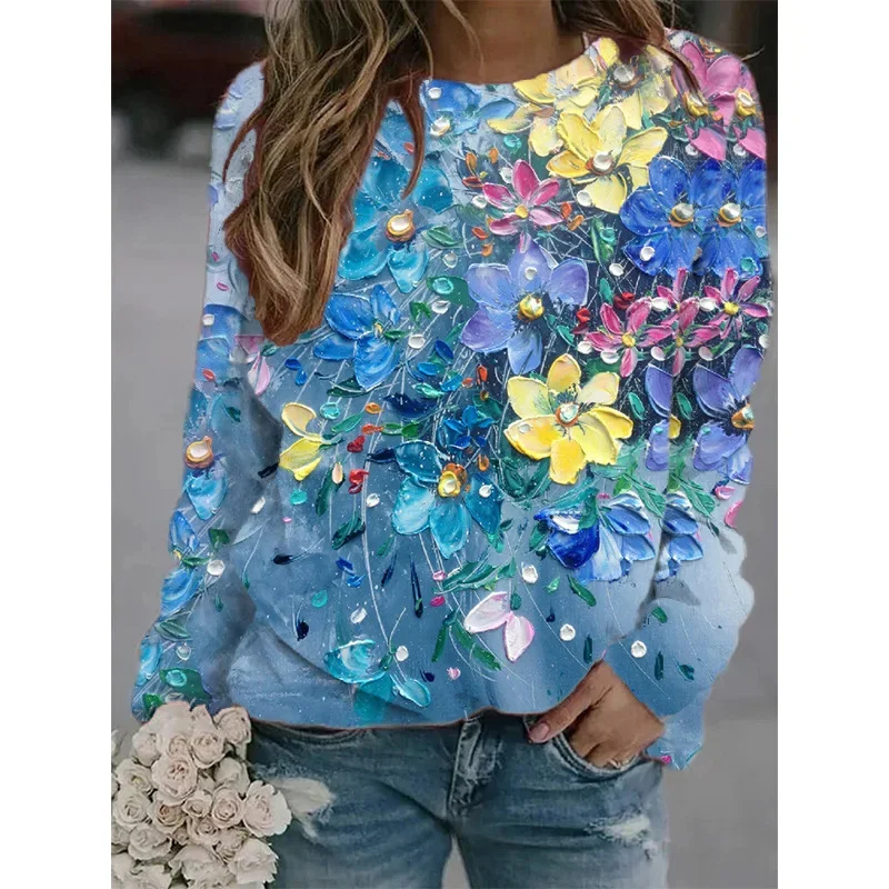 3D Oil Painting Printing Tshirts Long Sleeve For Women Fashion Streetwear Pullovers Girls Beautiful Flowers Clothing Floral Tops