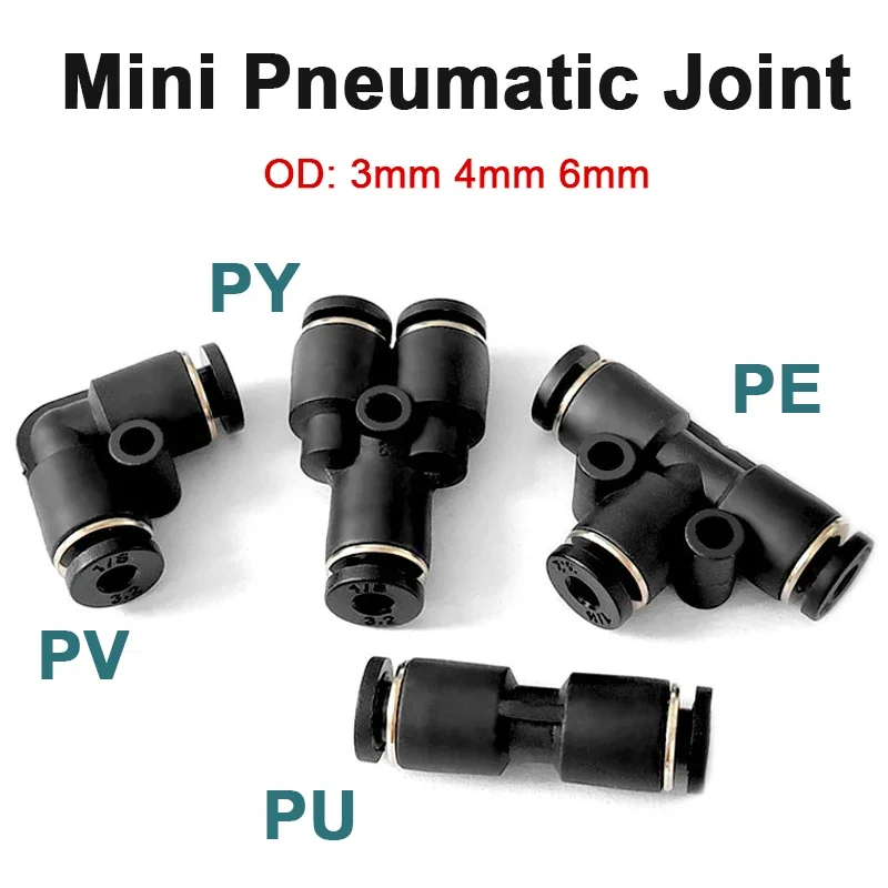 Premium 10pcs 3/4/6mm OD Pneumatic Fittings, Black Plastic Push-in Connector, Straight Elbow 3-Way Joint for PU Air Water Tube