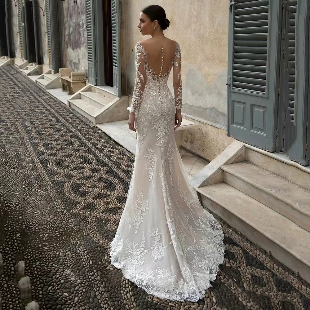 Boho Wedding Dresses Mermaid Lace Long Sleeves Wedding Gown Vintage White Ivory Custom Made Luxury Backless Bridal Dress 2023