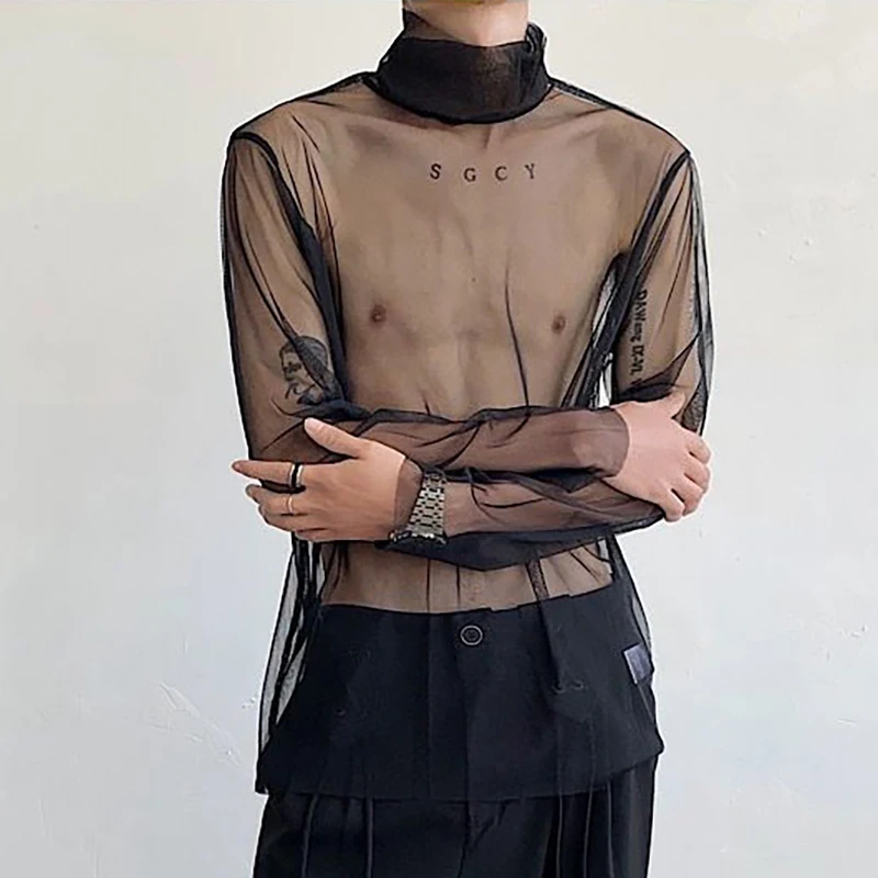 Sexy Perspective High-Neck Men's Long Sleeve T-Shirt Spring Summer Net Yarn Bottoming Shirt Transparent Black Tee Shirts Tops