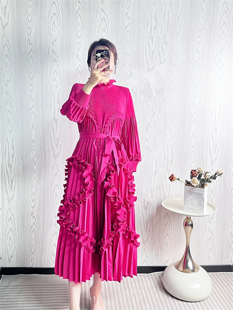 

New Miyake High End Tied Up Oversize Pleated Long Robes Turtleneck Bubble Petal Sleeves High Waist Formal Dresses Women Clothing