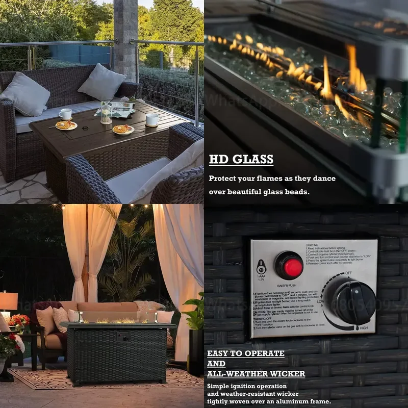 50,000 BTU Outdoor Wicker Patio Propane Fire Pit Table with Aluminum Tabletop Clear Glass Wind Guard Slide Tank Holder