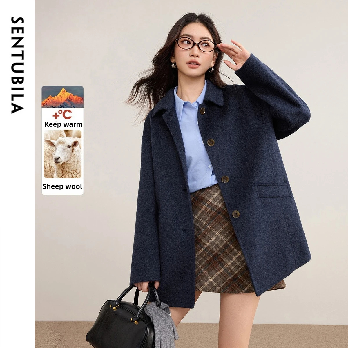 

SENTUBILA женское зимнее теплое шерстяное пальто 2025 с воротником-поло, однобортное свободное женское пальто с заниженными рукавами, верхняя одежда W54OG2783