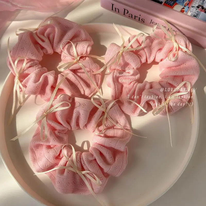 

Pink Bow Hair Scrunchie Sweet Girl Spring Summer Gentle Ponytail Holder Premium Elastic Lightweight Comfortable Band For Women