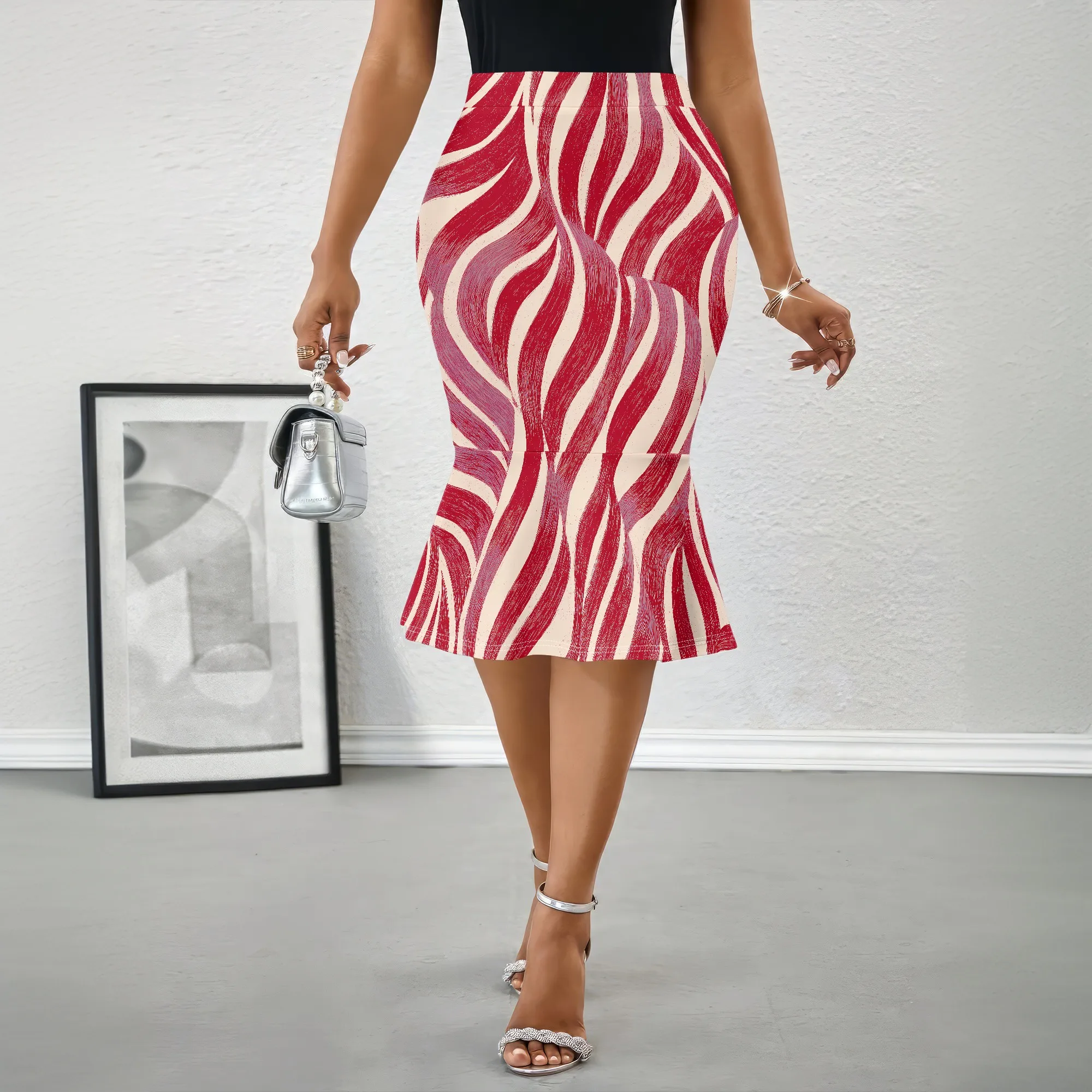 Mermaid Skirt, Red Wave Print Midi Skirt, High Waist Pencil Skirt, Ruffle Hem Bodycon Skirt for Women Party Club Wear, S-2XL