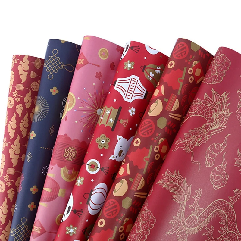 Wrapping Paper Sheets Set Of 6 ,Spring Festival Chinese New Year DIY Gift Red Wrapping Paper,70Cm X 50Cm