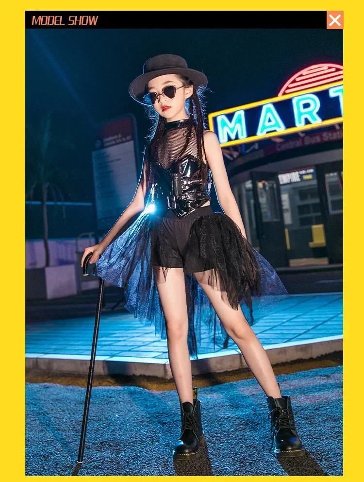 Kids Jazz Clothes Girls Hip Hop Suit Modern Street Dance Black Mesh Leather Dress New Girls Catwalk Model Stage Costumes