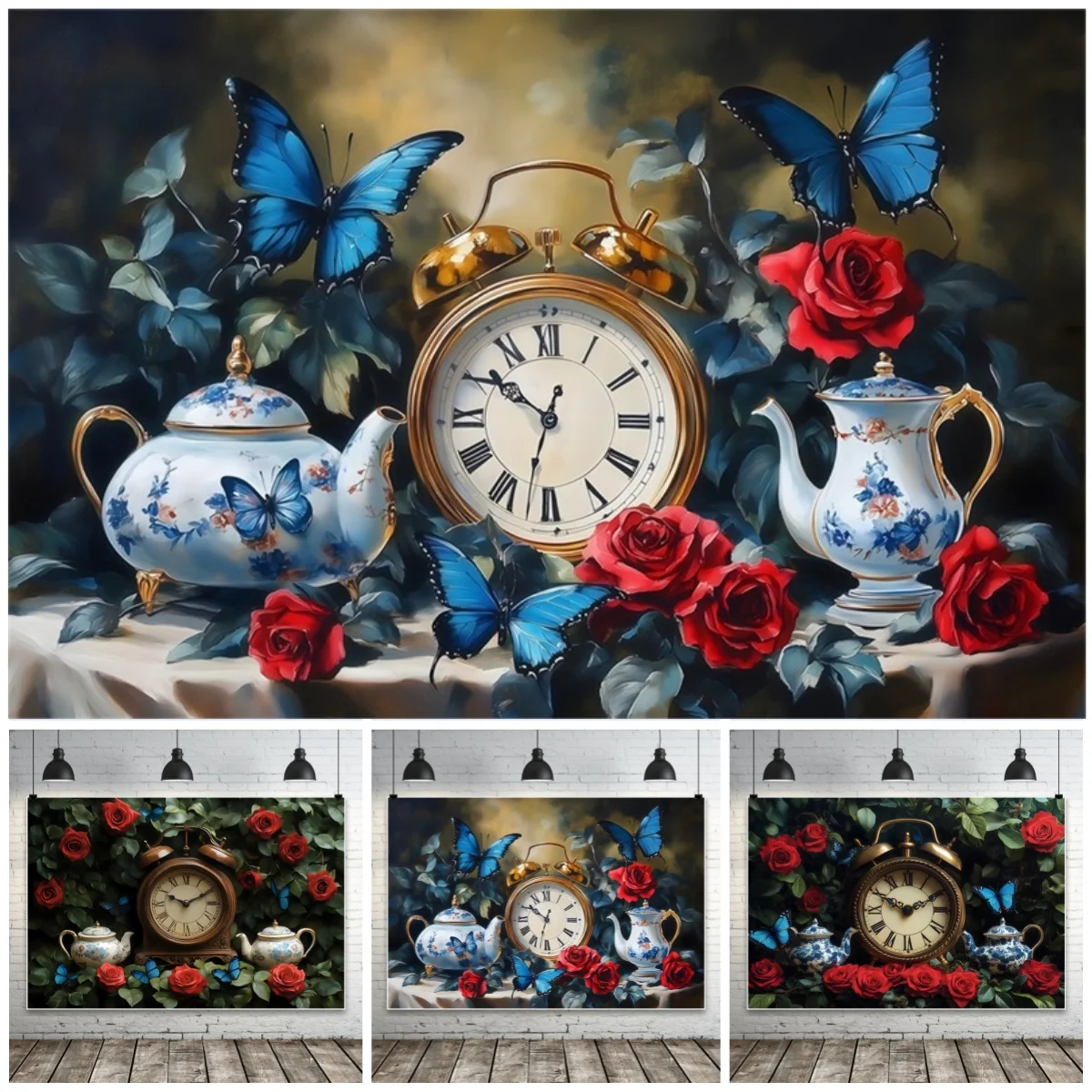 

Dreamy Forest Photography Backgrounds Teapot Retro Clock Red Rose Butterfly Decor Kids Adult Spring Camping Party Photo Backdrop