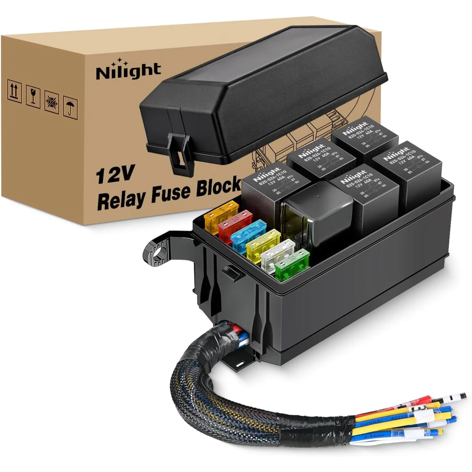 Nilight 12V Fuse Relay Box 6 Relays 6 Slots ATC/ATO Blade Fuse Holder 4Pin 5Pin Terminal 40A Relay Pre-Wired Waterproof Block Kit Universal for Automotive Car Truck Camper Boat
