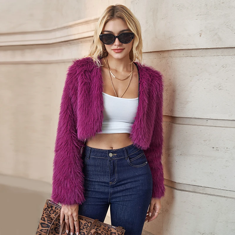 

Women Elegant Faux Fur Crop Coat Warm Loose Long Sleeve Short Jacket Autumn Winter Fashion High Street Female Chic Outerwear