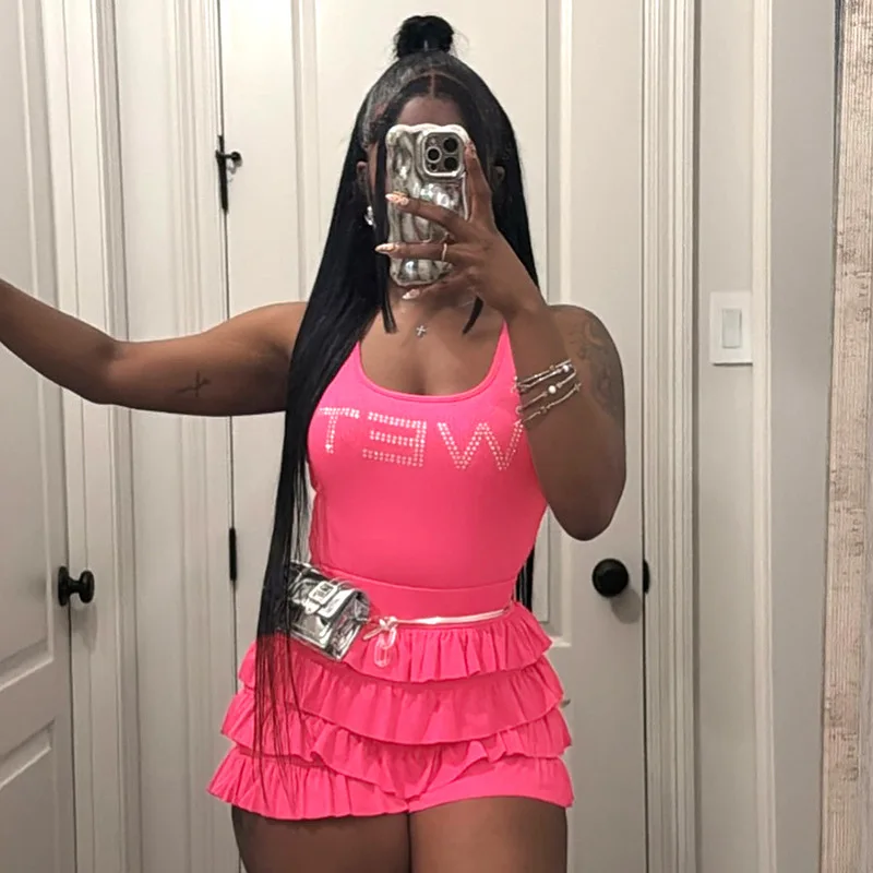 

Cute Women 2 Piece Letter Shiny Rhinestone Crop Tops Ruffles Short Sets Bustiers Cake Shorts Skirts Shiny Pink Two Piece Outfits