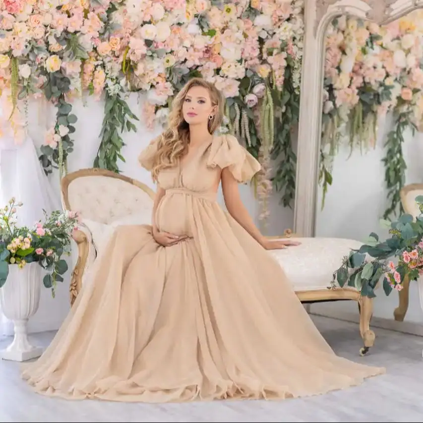 

Шифоновый халат для беременных женщин, для фотосессий, с цветочным тюлем и кружевом, ночная сорочка, пеньюар, одежда для сна, для свадебного платья, на заказ