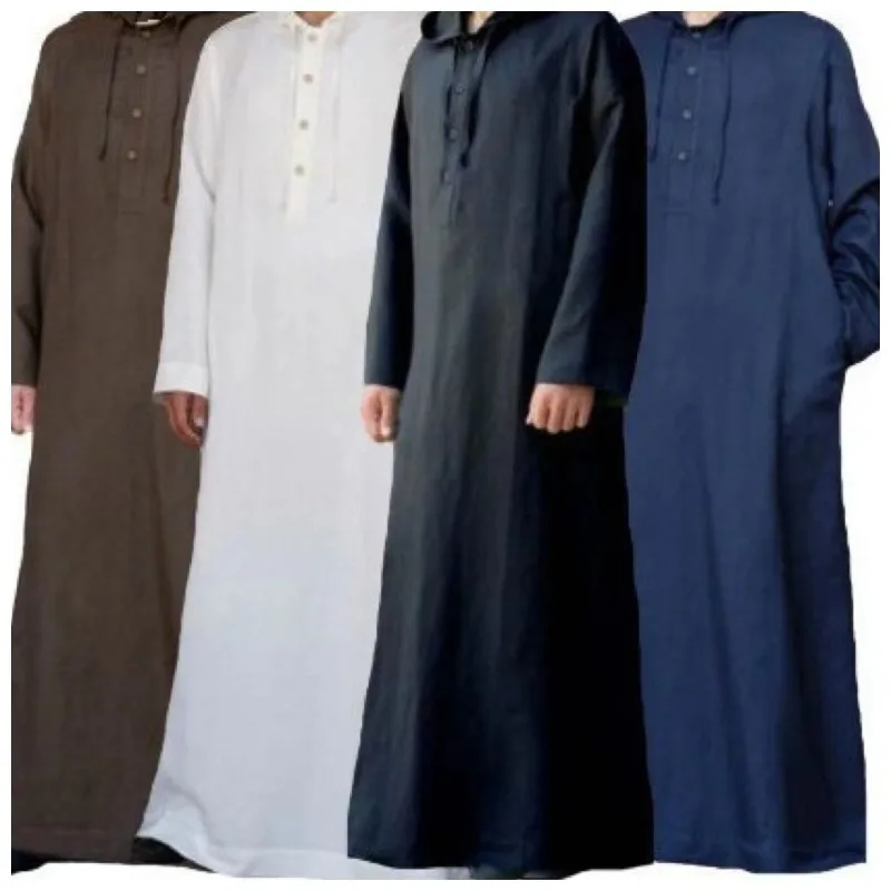 2025 New Arab Style Long Sleeve Hooded Shirt Mens Muslim Robe Pure Color