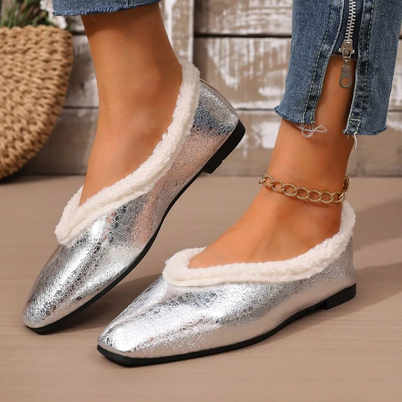 Fashion Women Metallic Fleece Lined Flats Furry Trim Square Toe Slip‑On Winter Warm Casual Daily Ladies Loafer Shoes