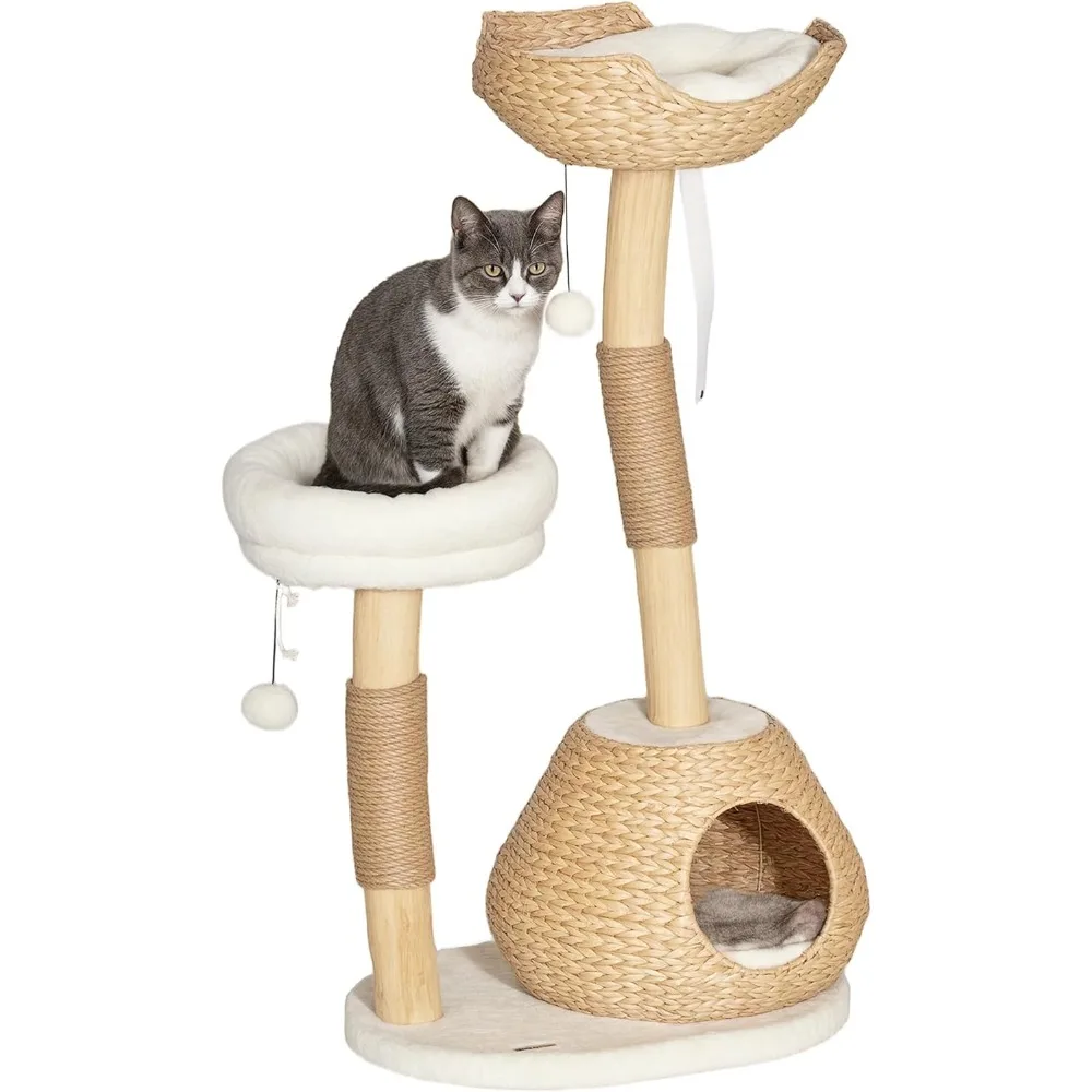 

PawHut Cat Tree for Indoor Cats, 41" Wooden Kitten Tower with 2 Real Branch Scratching Posts, Luxury Condo, Beds & Toby Balls, K