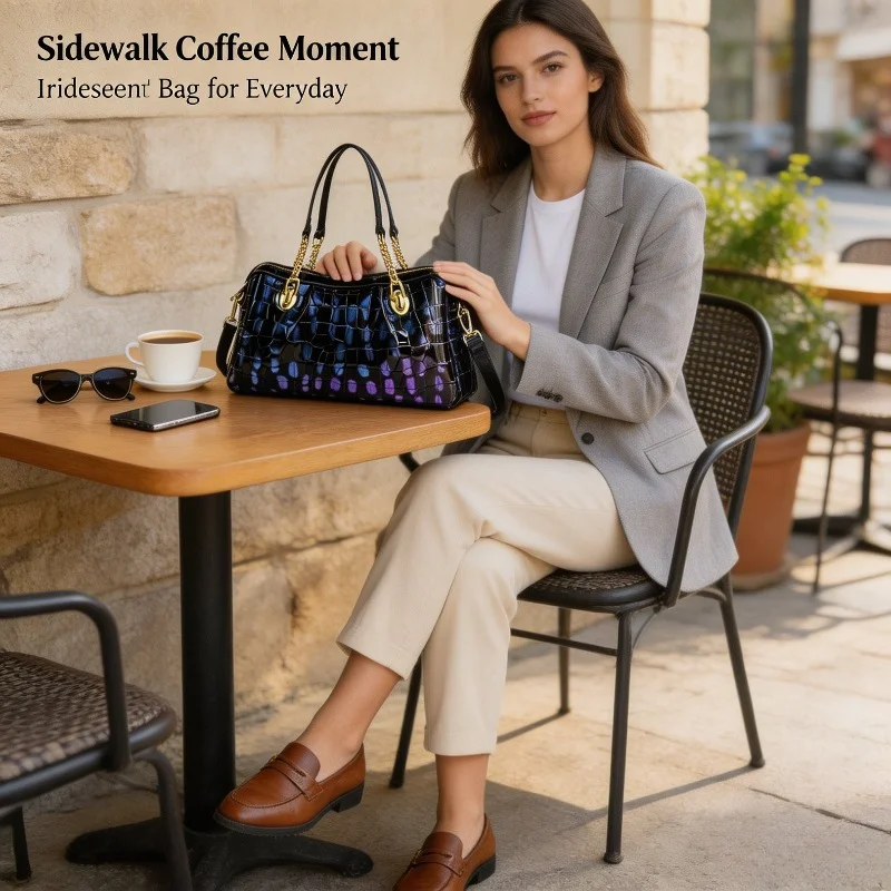Women Crocodile Embossed Handbag Square Metal Buckle Decor Top Handle Zipper Closure Detachable Strap Shoulder Satchel Purse