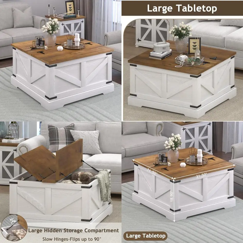 

White Living Room Coffee Table with Hidden Storage, Square Wooden Center Table featuring Hinged Lid for Discreet Storage Solutio