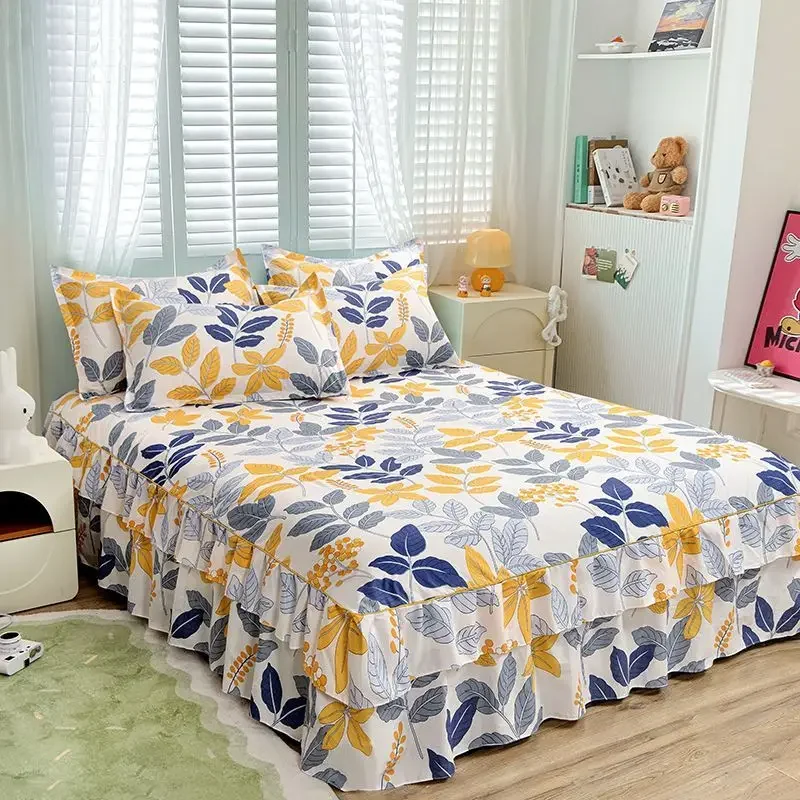 Nordic Floral Queen Bed Skirt With Pillowcase Double Single Mattress Cover Anti-slip Full Size Adjustable Bedspread 360°Warp