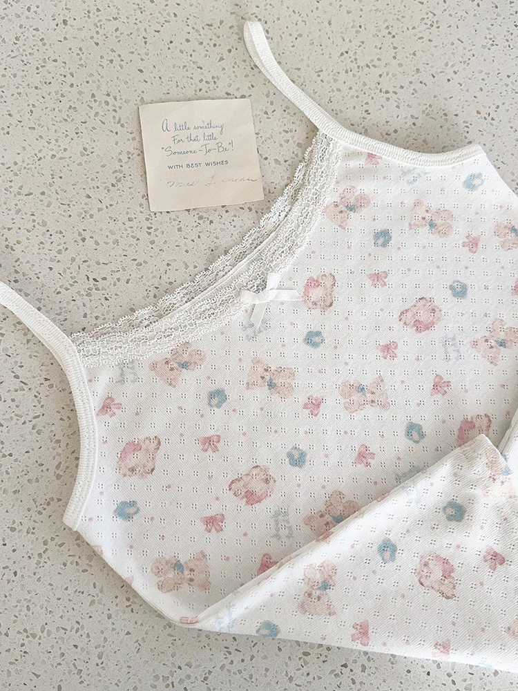 Cute Crop Top Women Summer Lace Trim Bow Hollow Out Little Bear Bunny Print Camis Tops for Sweet Girls Kawaii Clothes