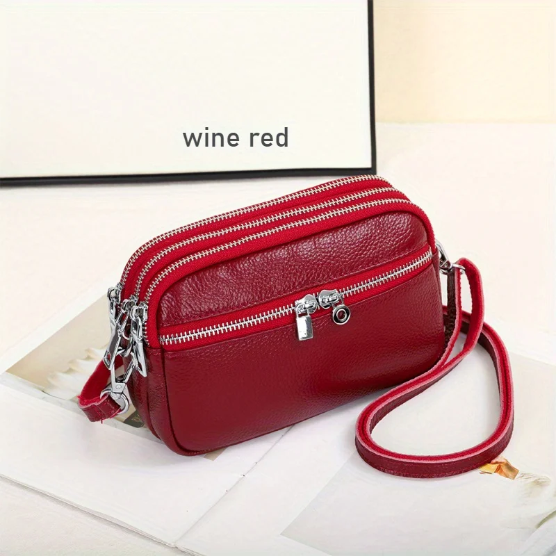 Leather Women's Bag, New Fashion Large Capacity Three-layer Zipper Single Shoulder Crossbody Bag, Versatile Casual Square Bags