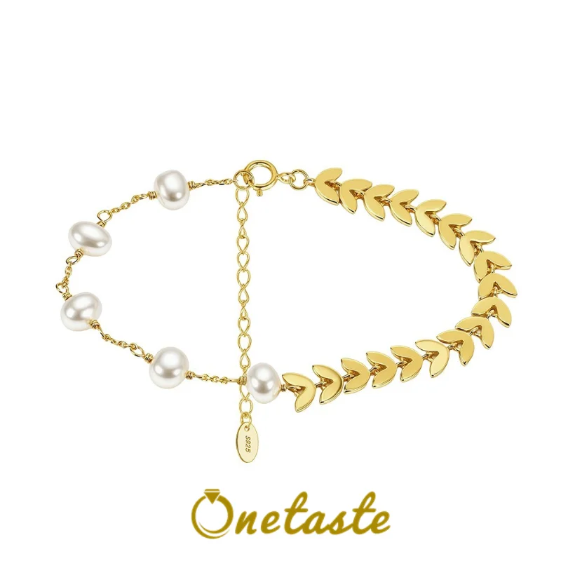 

Браслет из серебра 925 пробы с позолотой, украшенный листьями лавра и пресноводными жемчужинами, роскошный и элегантный, для женщин, в подарок