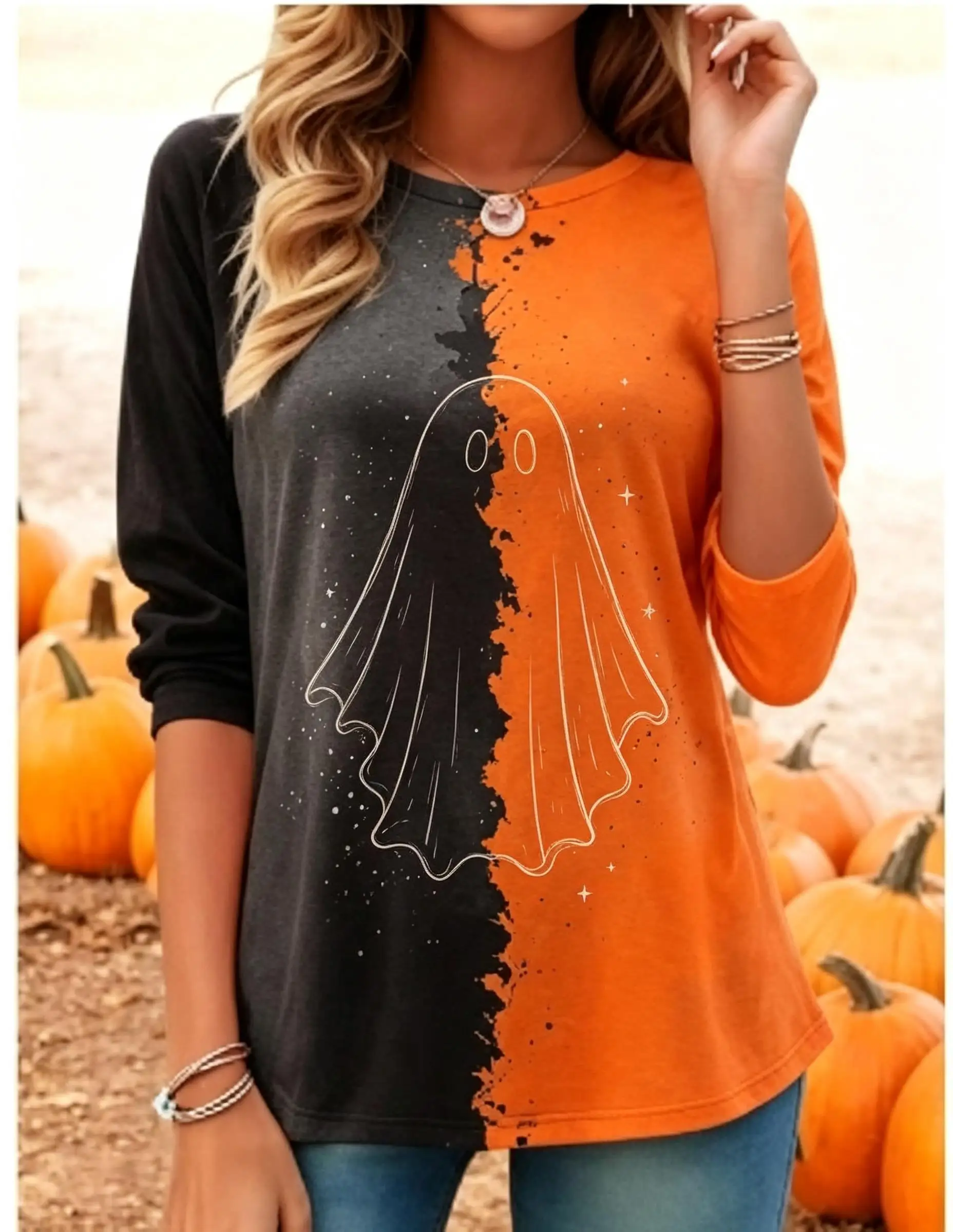 Artistic Retro Hand-Drawn of Fish Print Long Sleeve T-Shirt Round Neck Fresh Individual Top Casual Shopping Outing Wear