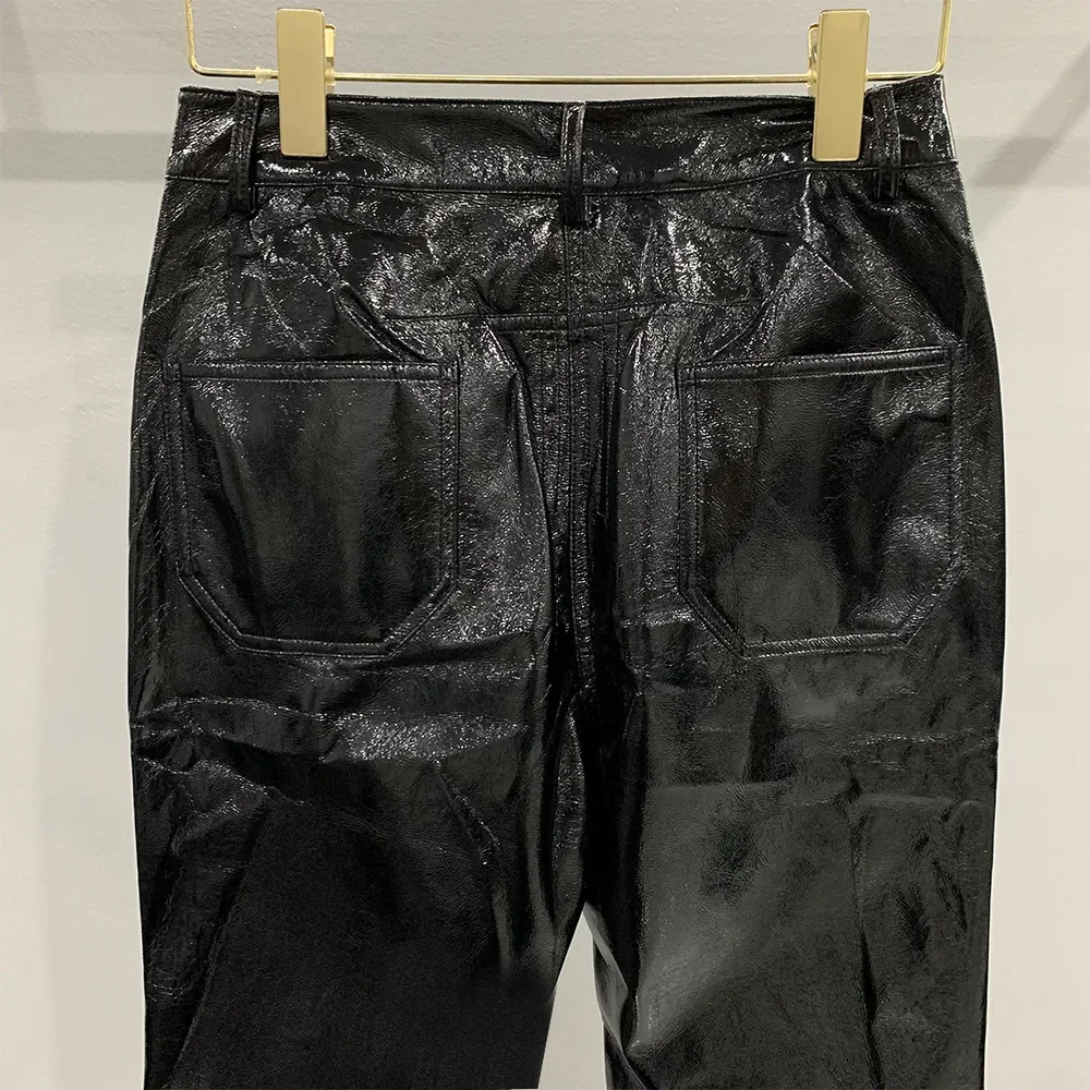 24ss New In Rick Women\'s Pants Black Coated Glossy Zipper Design Flared Owens Leather Pants Skinny High Waist Casual RO Trousers