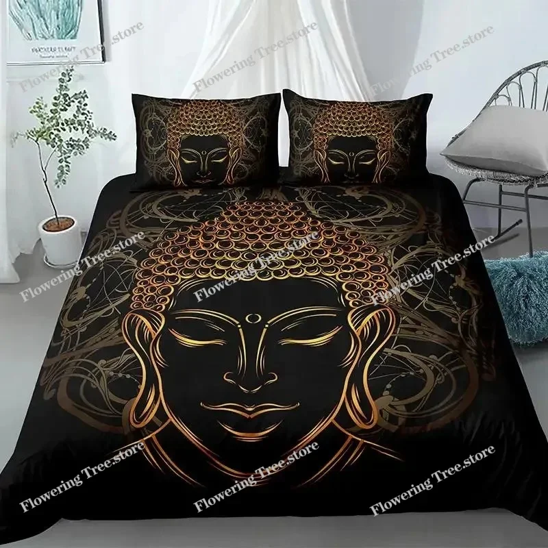 Buddha Duvet Cover Set King Size Exotic Ethnic Bohemian Bedding Set Microfiber Golden Buddha Statue Print Gorgeous Quilt Cover