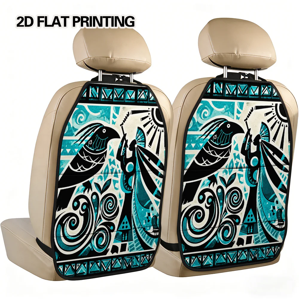 2D Flat, 2pcs Lightweight Kick Mat Pouch Tribal Blue Raven Art Patterned Seat Back Storage Device Car Kick Mats With Organizer F