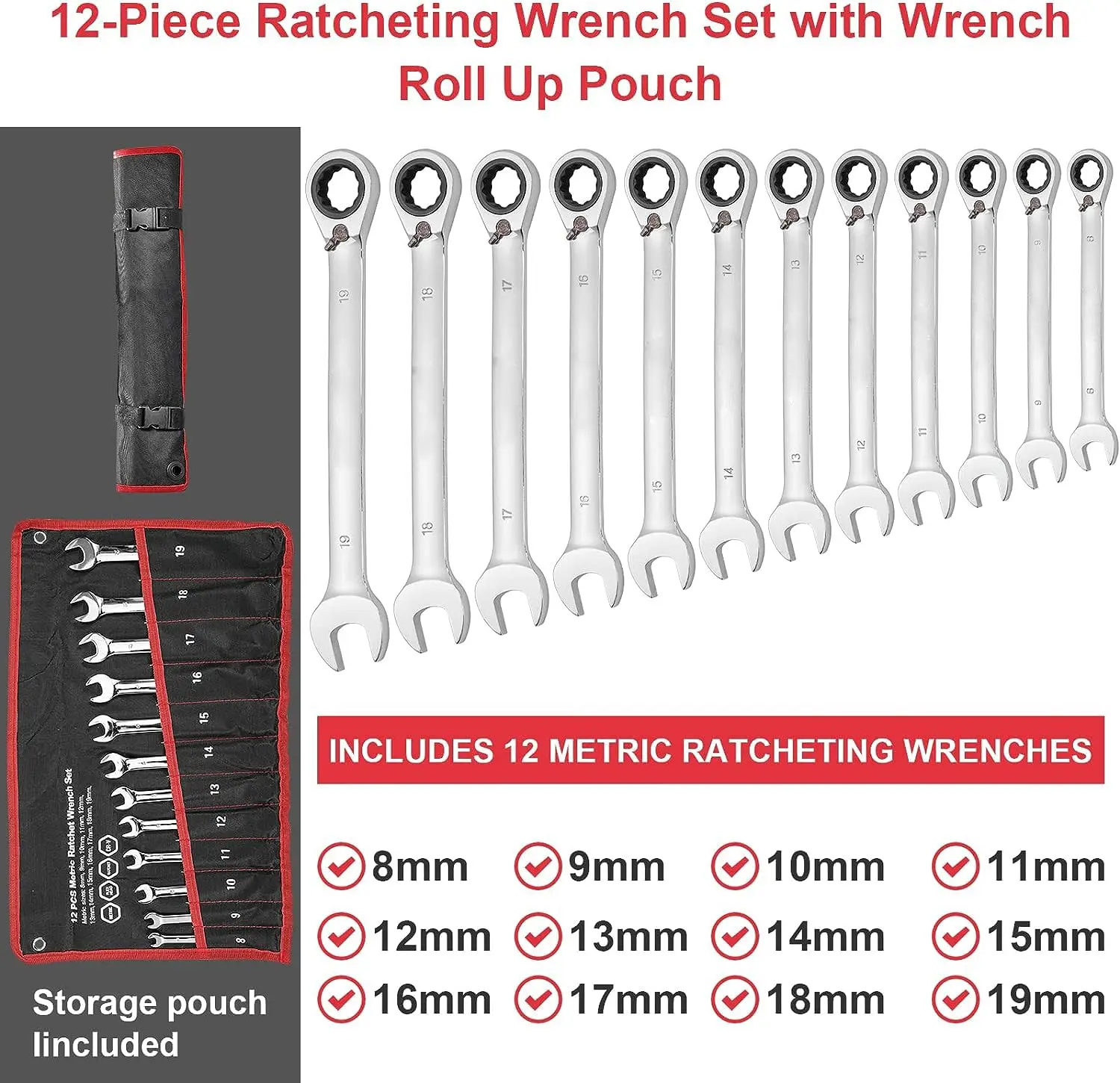 12-Piece Reversible Ratcheting Combination Set, 72 Teeth,Metric 8mm-19mm with Storage Bag, for motorcycle/car/mechanical etc.